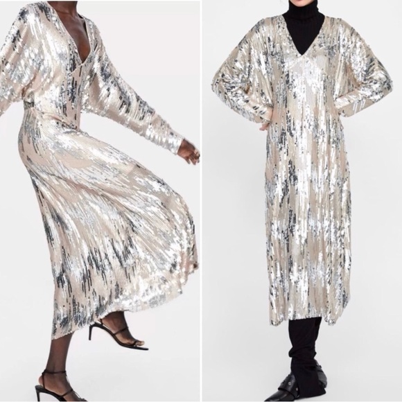 Zara Silver Sequin Maxi Dress | Cream V-Neck Gown | Small, Like New - Picture 4 of 7